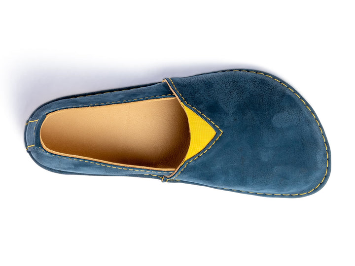 Fuego Barefoot moccasins with triangular stretch panel - blue and yellow