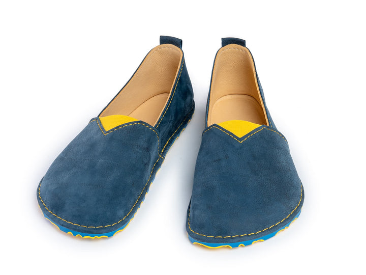 Fuego Barefoot moccasins with triangular stretch panel - blue and yellow
