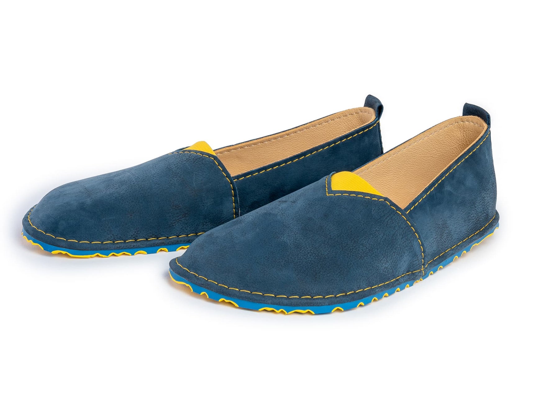 Fuego Barefoot moccasins with triangular stretch panel - blue and yellow - LUKS BAREFOOT