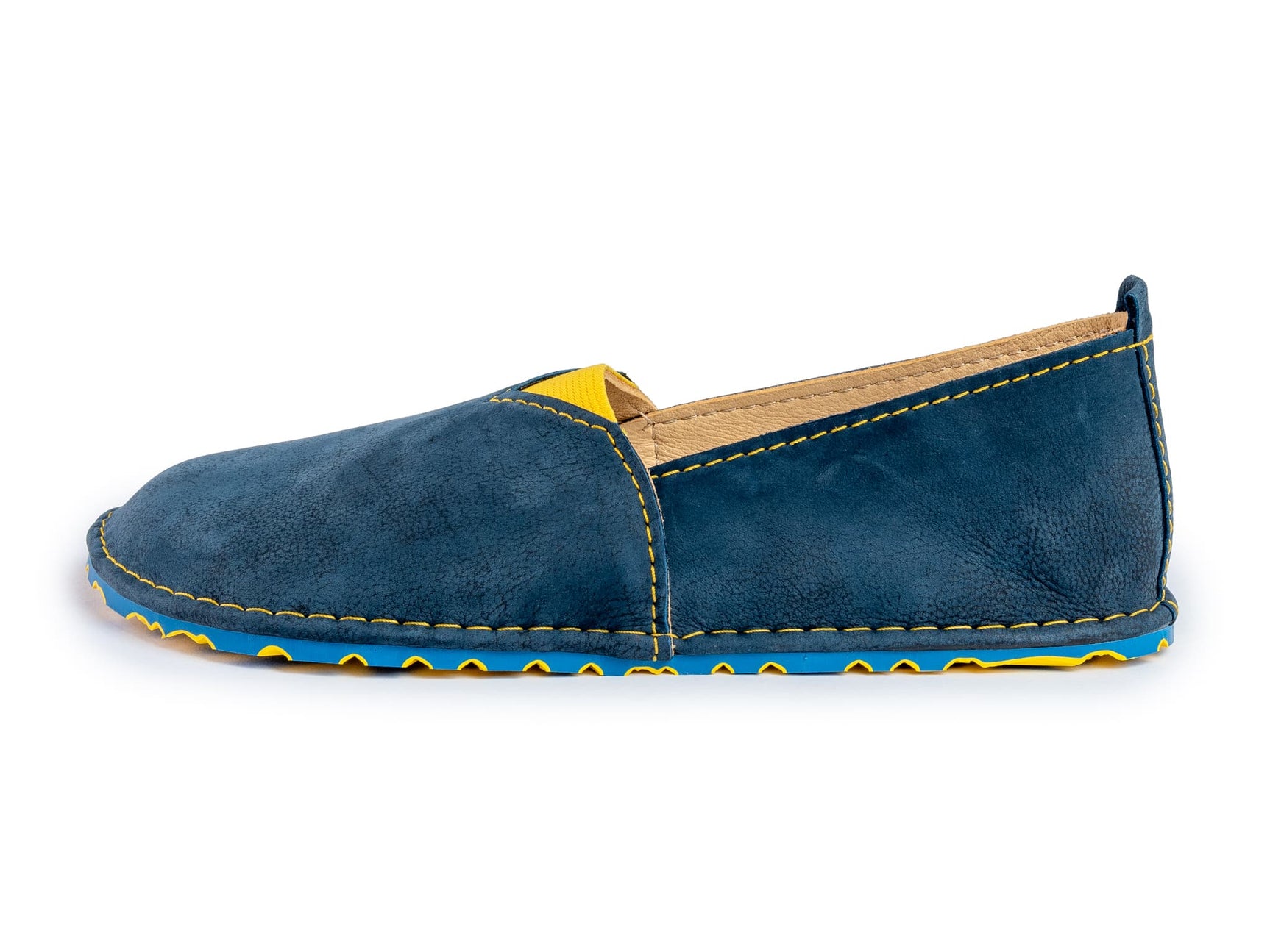 Fuego Barefoot moccasins with triangular stretch panel - blue and yellow - LUKS BAREFOOT