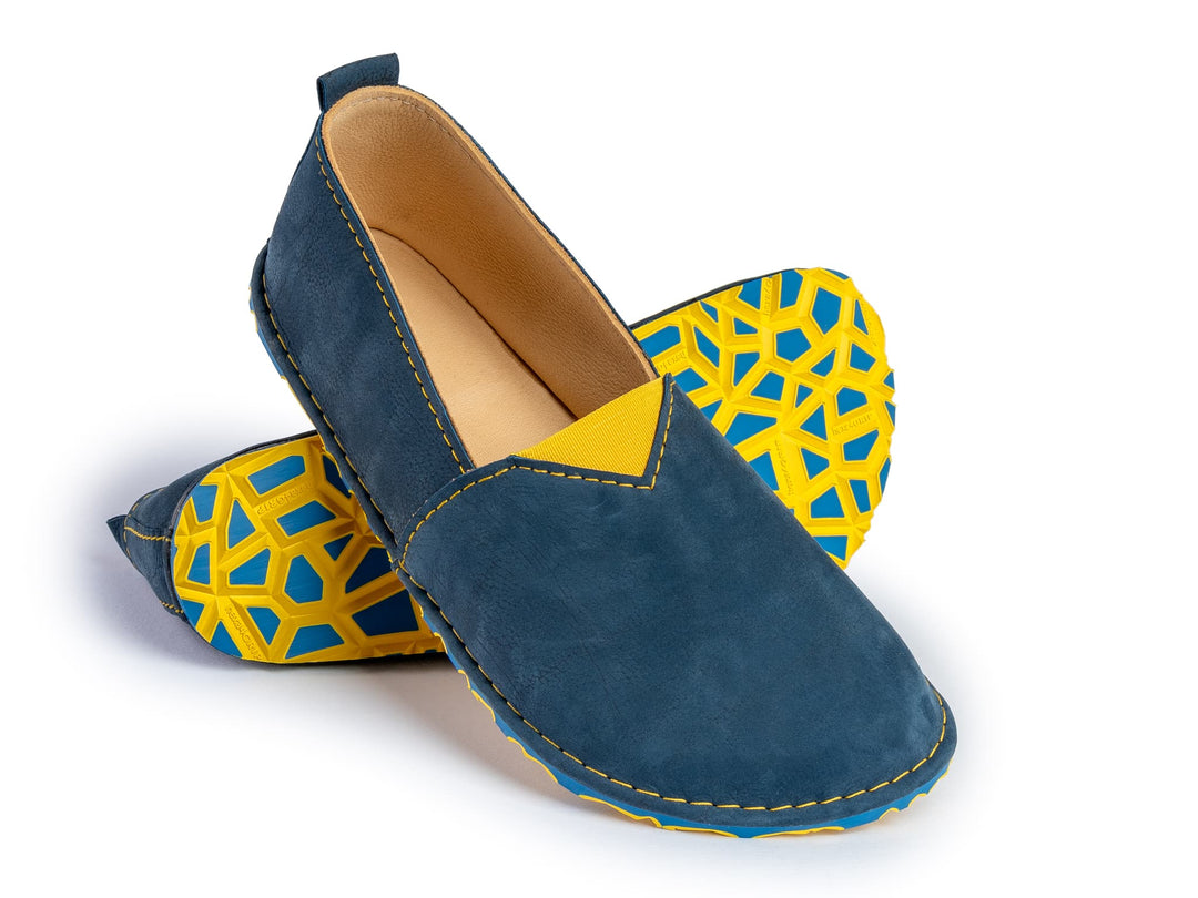 Fuego Barefoot moccasins with triangular stretch panel - blue and yellow